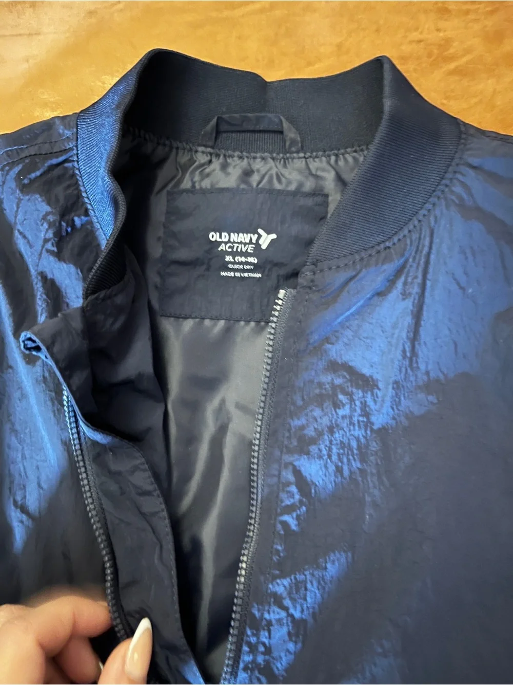 Old Navy Blue Bomber Jacket with White Stripe Trim